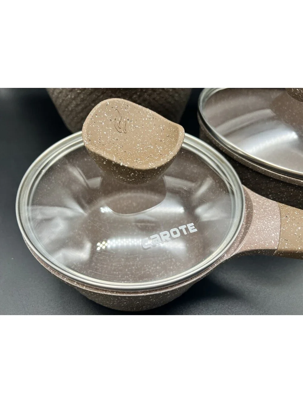CAROTE Non-Stick Cookware Set, Granite Brown Speckled Saucepans Pots Dutch Crock